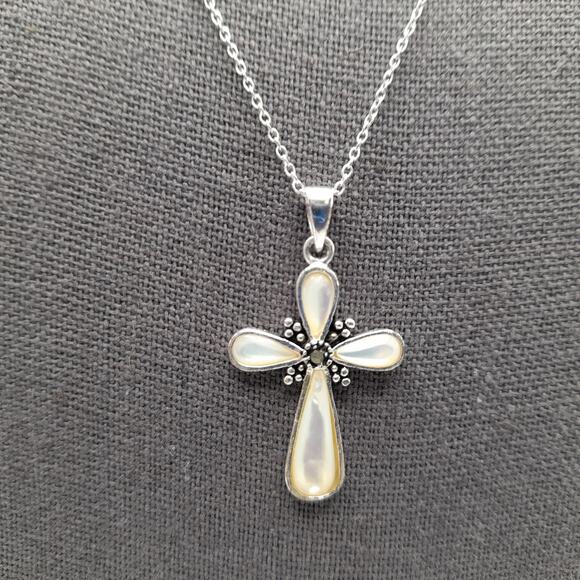 Mother of Pearl Cross Necklace, 925 Sterling Silver, Marcasite Center, 18", Thai - Picture 1 of 9